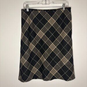 ANN TAYLOR LOFT Wool Skirt Womens 8 Black Tan Argyle Lined